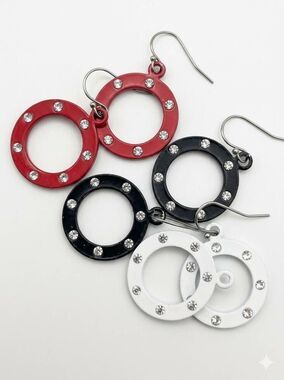 💜Red, White, & Black Rhinestone Dangling Set of 3 Earrings